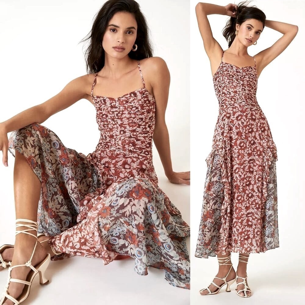 NEW ANTHROPOLOGIE LET ME BE TERRACOTTA FLORAL SLEEVELESS RUFFLED MIDI DRESS XS